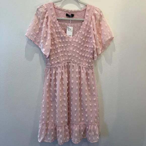 NWT TECREW Short Sleeve VNeck Mini Swiss Dot Flowy Babydoll Summer Dress Med - Picture 1 of 10